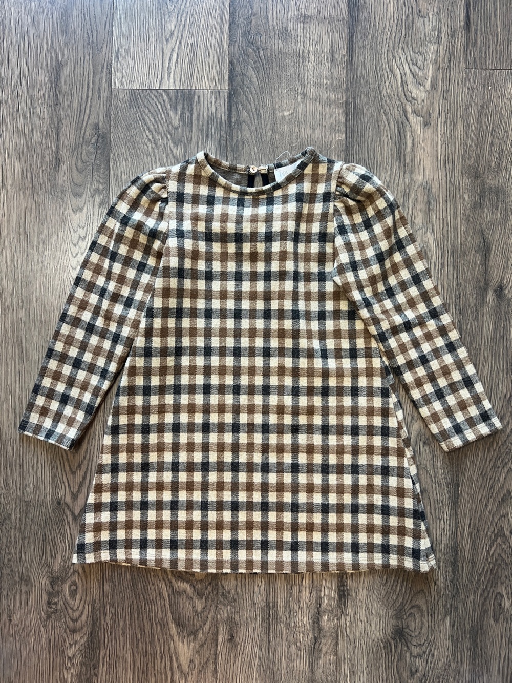 Zara Brown, Cream & Black Checked Long-Sleeve Dress - Size 6